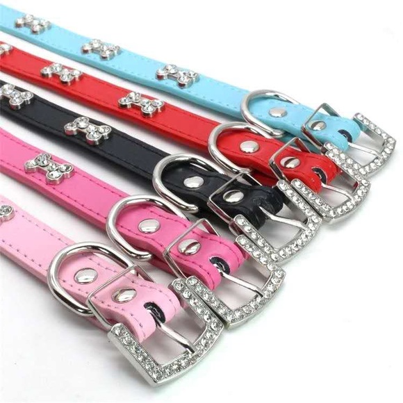 Dog Pet Bling Bone PU Leather Collar Rhinestone - Picture 5 of 5